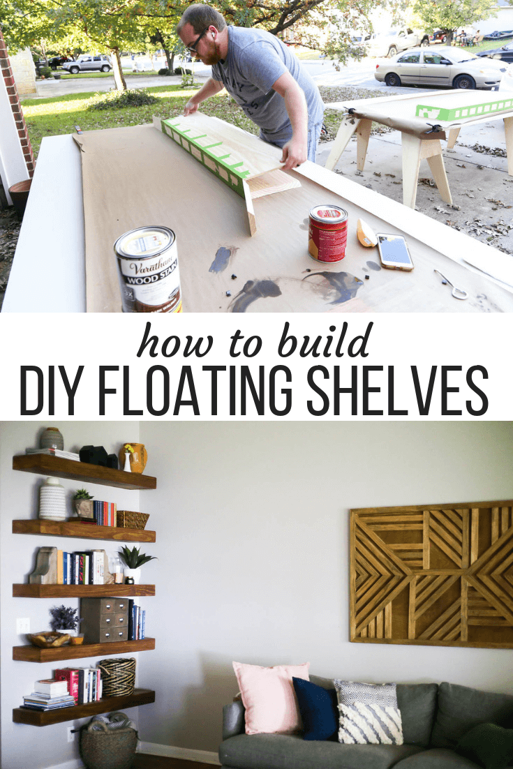 collage of man building shelves and floating shelves in living room with text overlay "how to build DIY floating shelves"