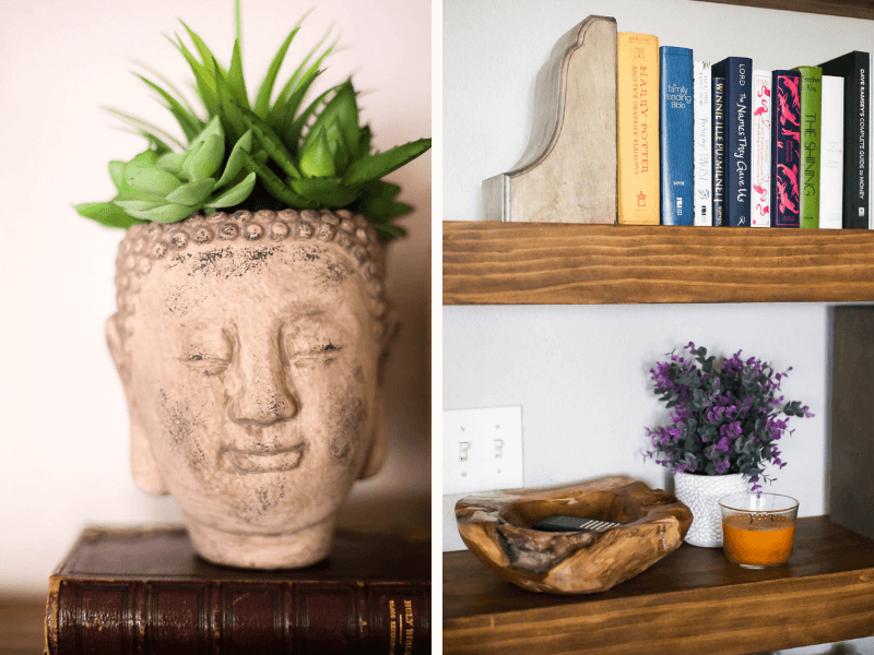collage of faux cement head planter and shelves styled with accessories