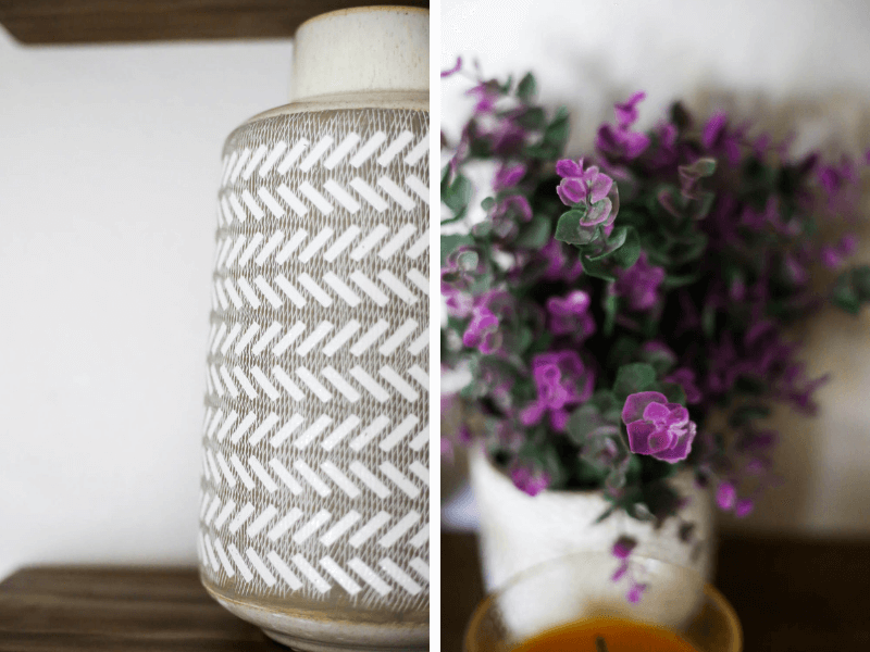 collage of white and cream vase and purple faux plant