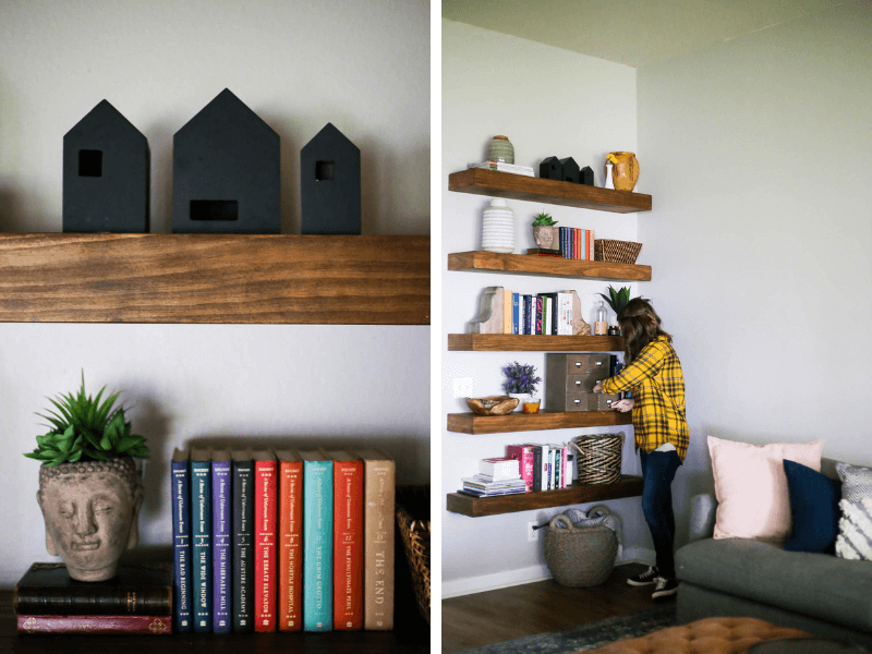 collage of close up of shelves and woman placing something on floating shelves
