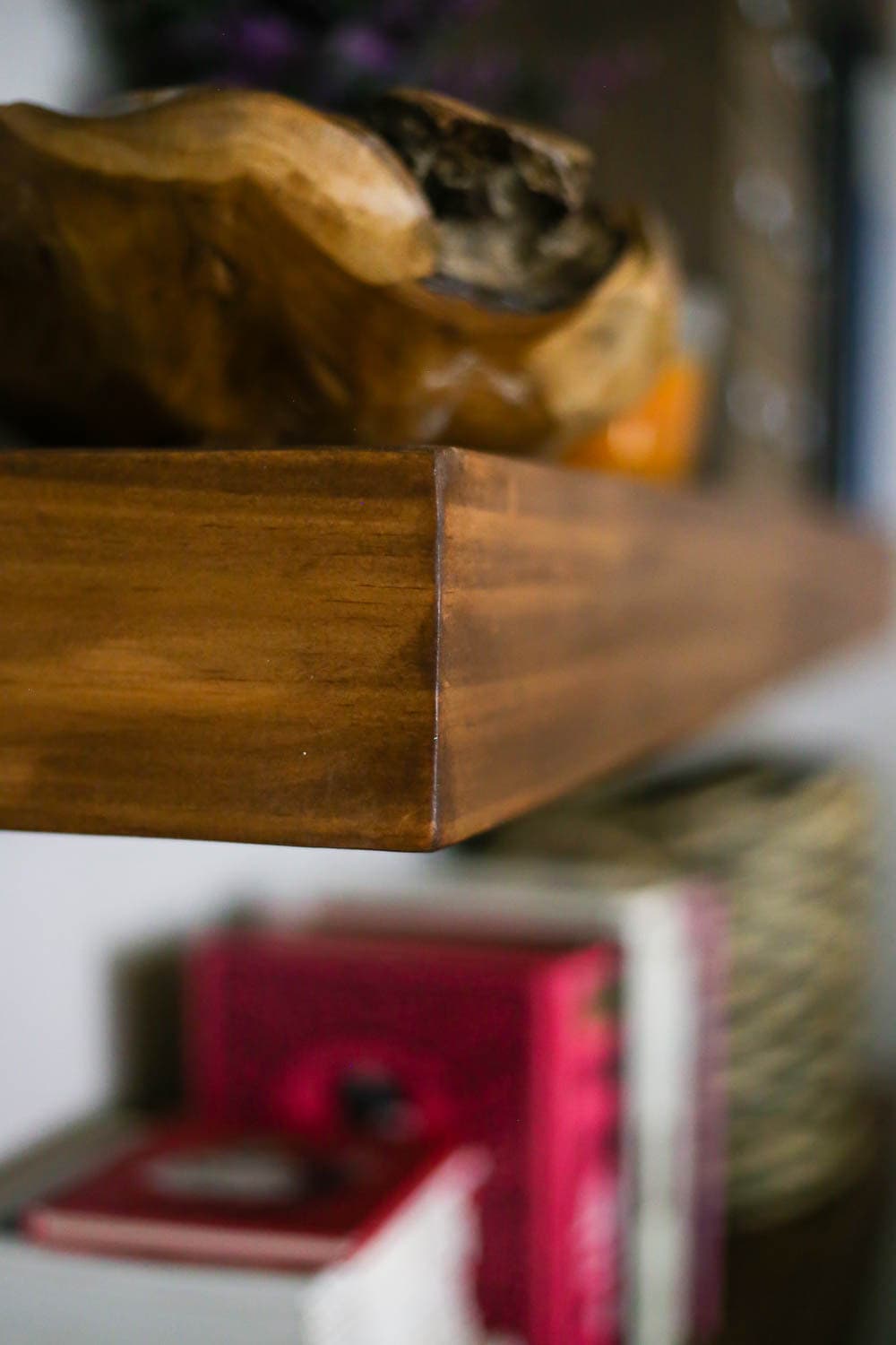 close up of DIY stained floating shelves