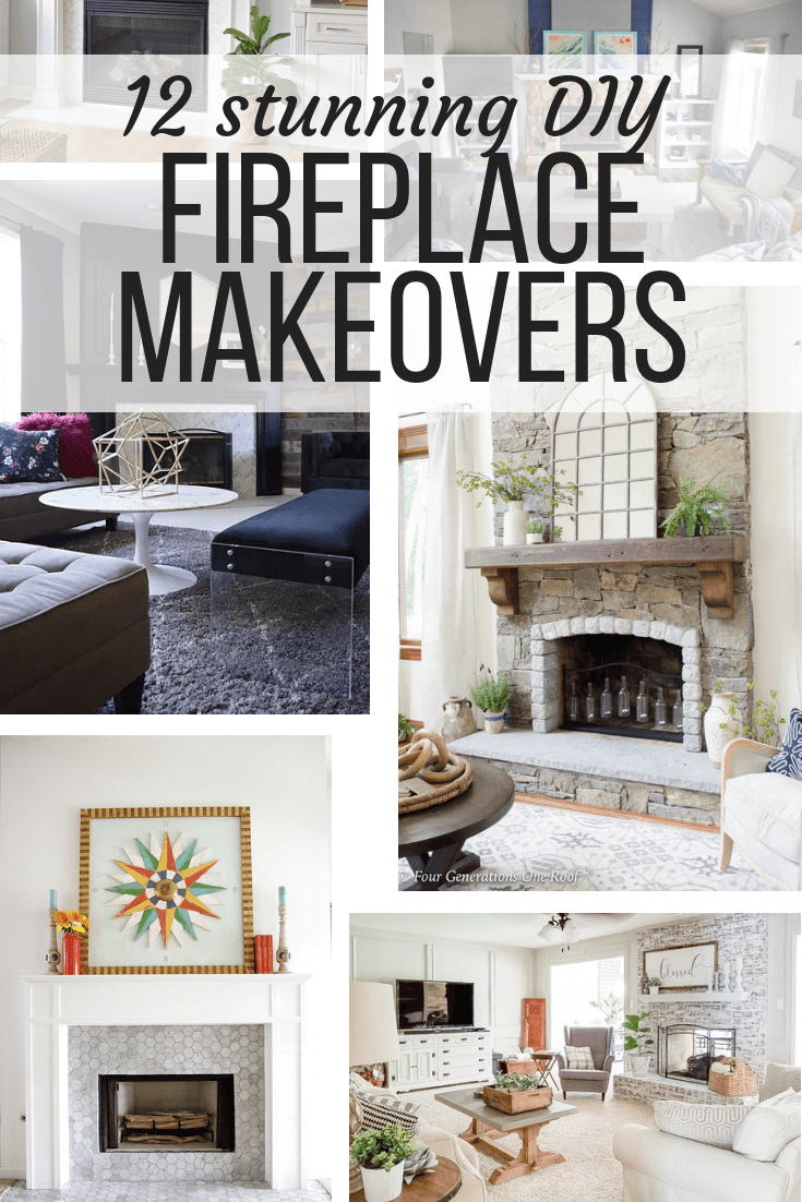 collage of DIY fireplace makeover ideas