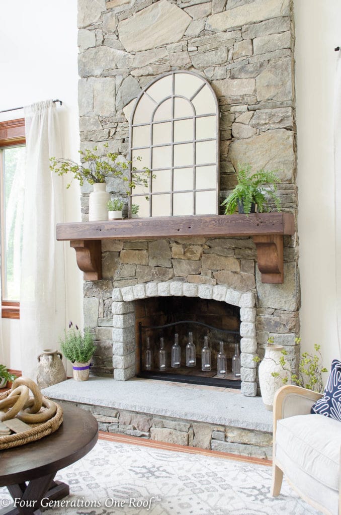 fireplace makeover - hanging a mantel on a stone fireplace