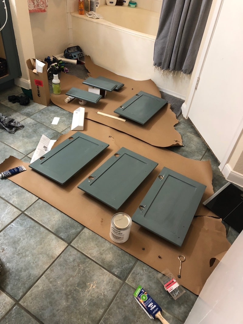 cabinet doors and drawers painted in bathroom