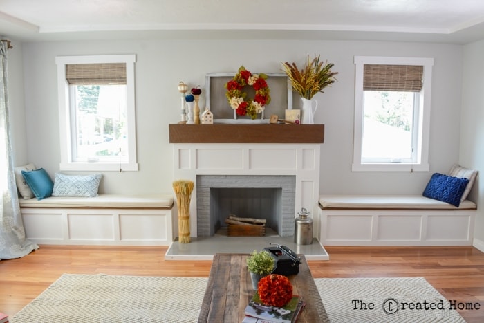 fireplace with built-in benches