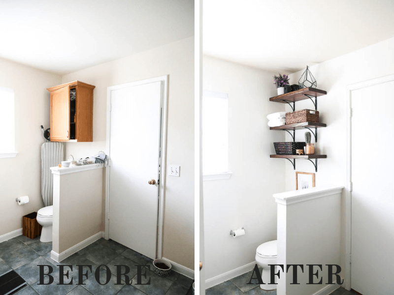 before and after of installing DIY bathroom shelves
