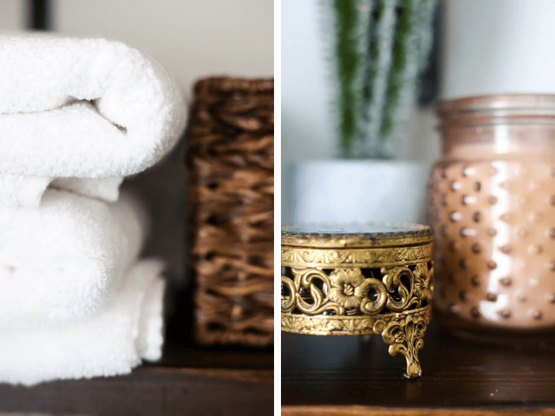 Close up of fluffy white bath towels and jewelry box