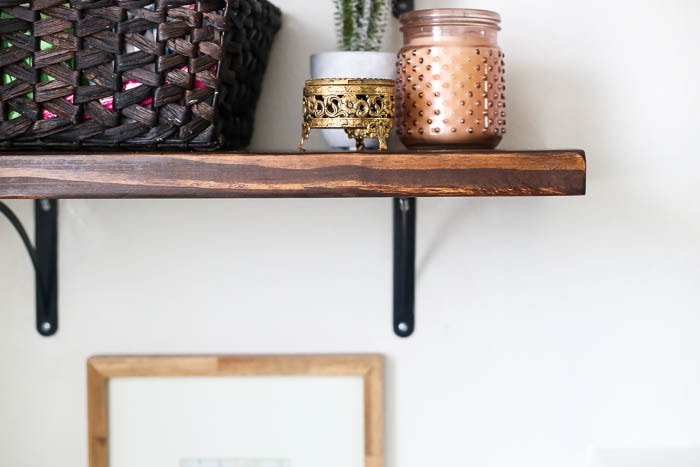 Close-up of DIY bathroom shelves