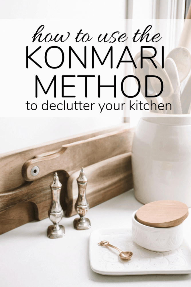 kitchen tools with text overlay - "how to use the konmari method to declutter your kitchen"