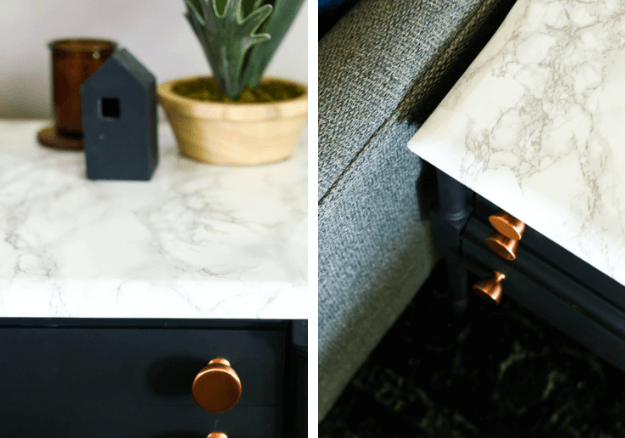 faux marble contact paper on a small side table