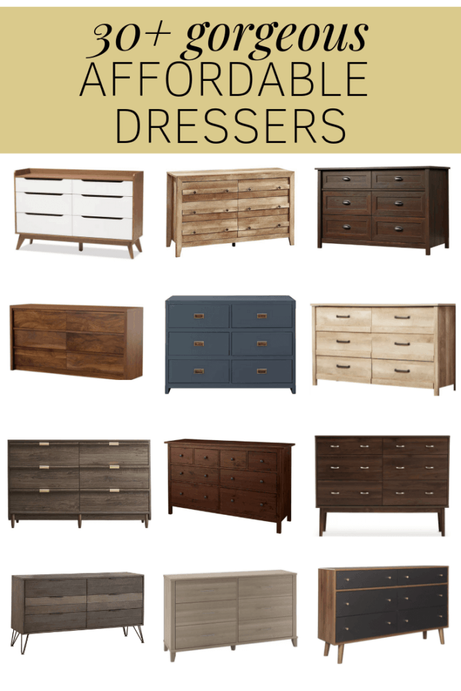 Collage of cheap dressers with text overlay "30+ gorgeous affordable dressers"