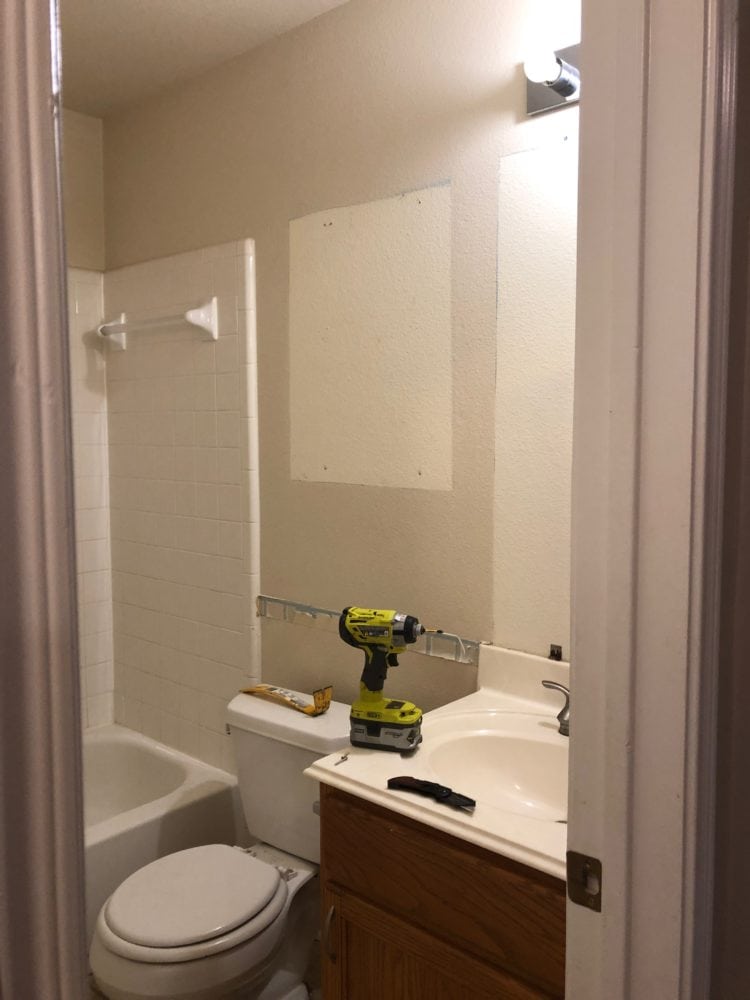 bathroom with mirror and medicine cabinet removed for demo