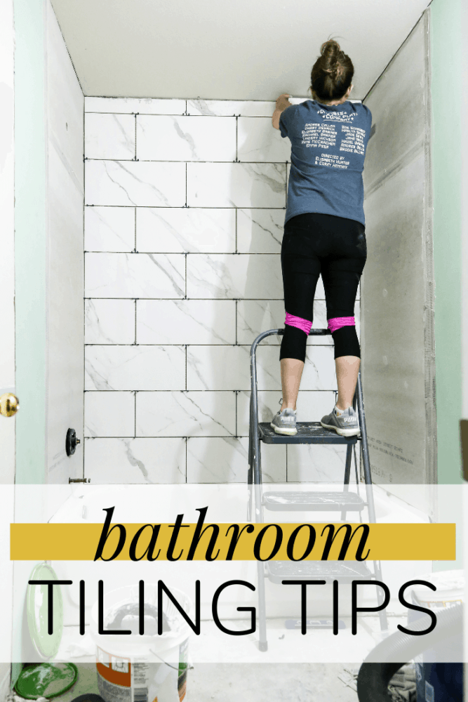 woman tiling shower with text overlay - "bathroom tiling tips"