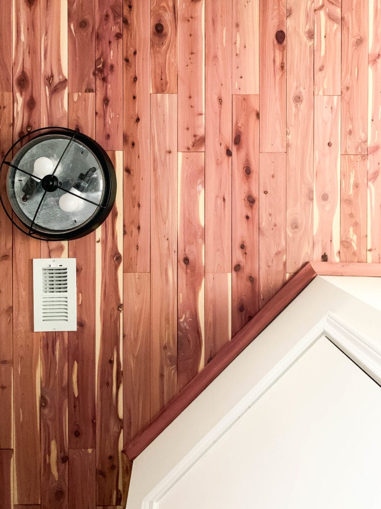 close up view of cedar ceiling with trim