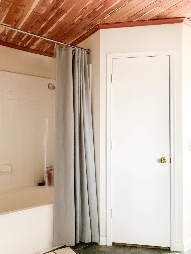 master bathroom with DIY cedar planked ceiling