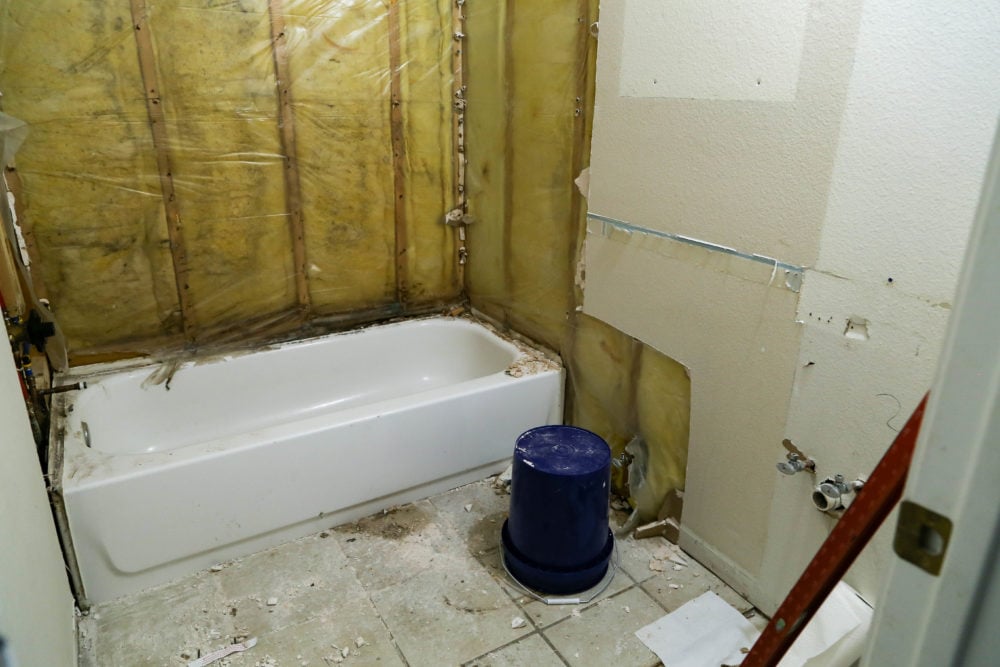 bathroom in the middle of a renovation with walls, toilet, and vanity removed