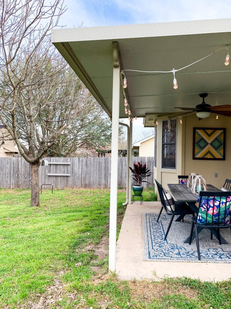 cozy back patio with Enbrighten Seasons cafe lights