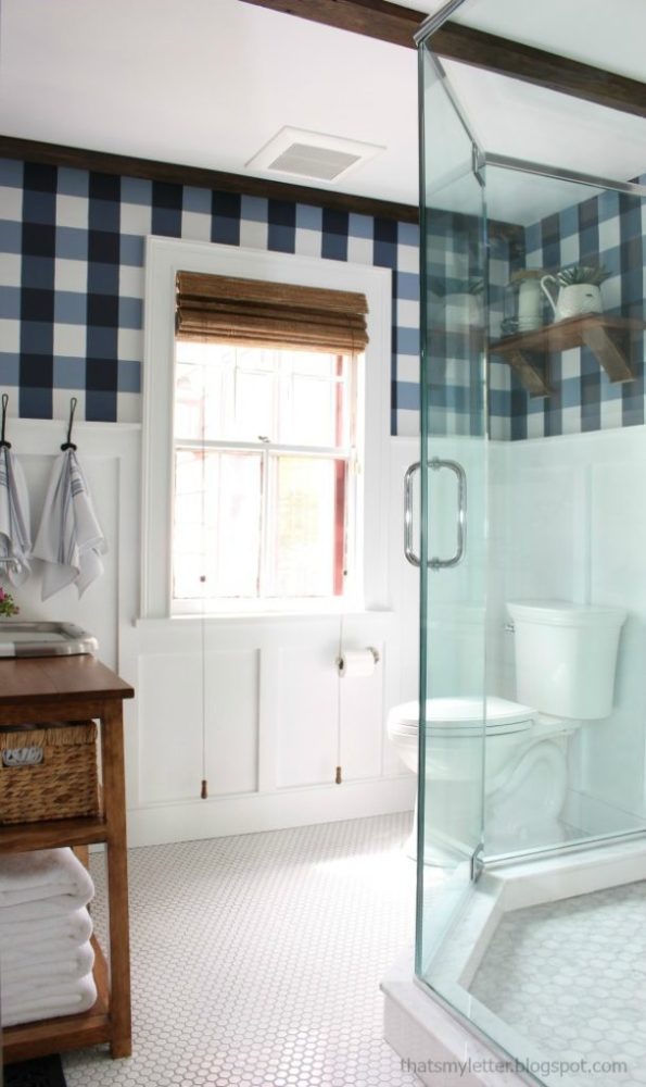 bathroom with gingham wallpaper