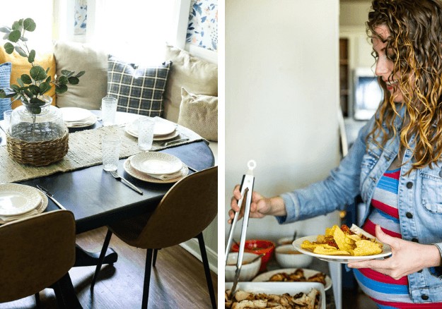 collage of dining room table and a woman filling up a plate of food