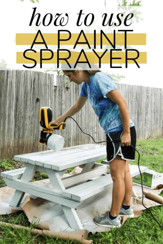 woman painting a picnic table with text overlay - "how to use a paint sprayer"