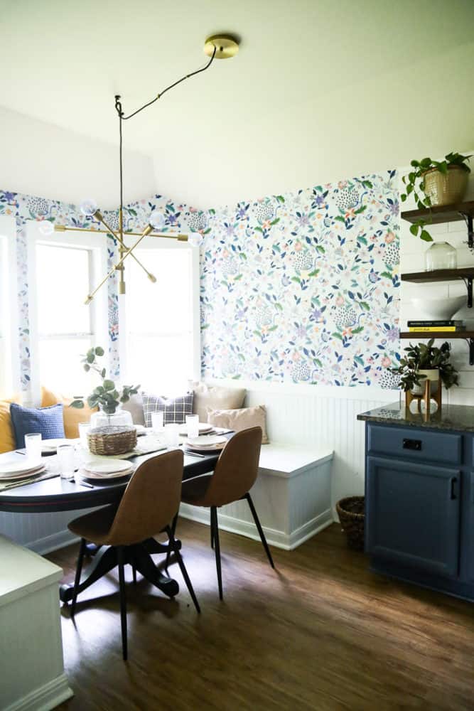 colorful small dining room with banquette seating