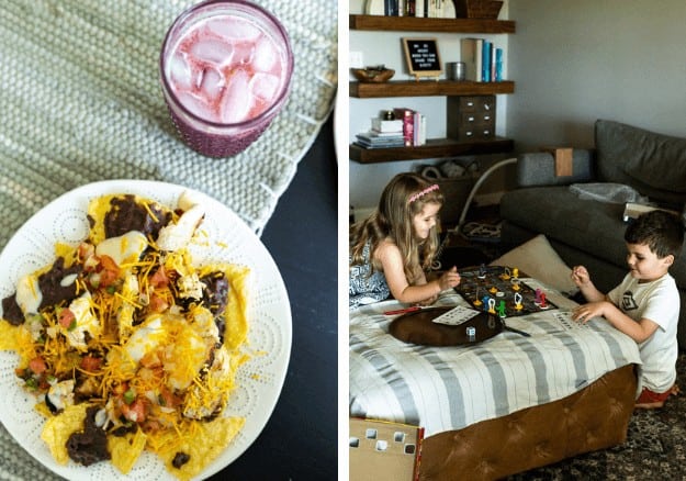 Collage of two images - plate of nachos and kids playing a game