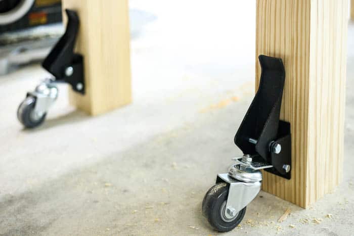 close up of casters on workbench