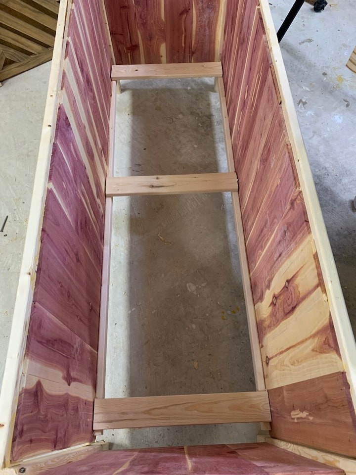 Bottom slats on cedar planked planter