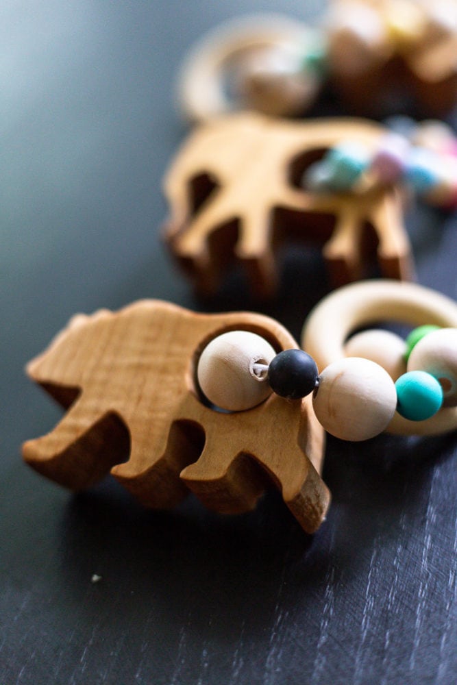 close up of wooden bear teether