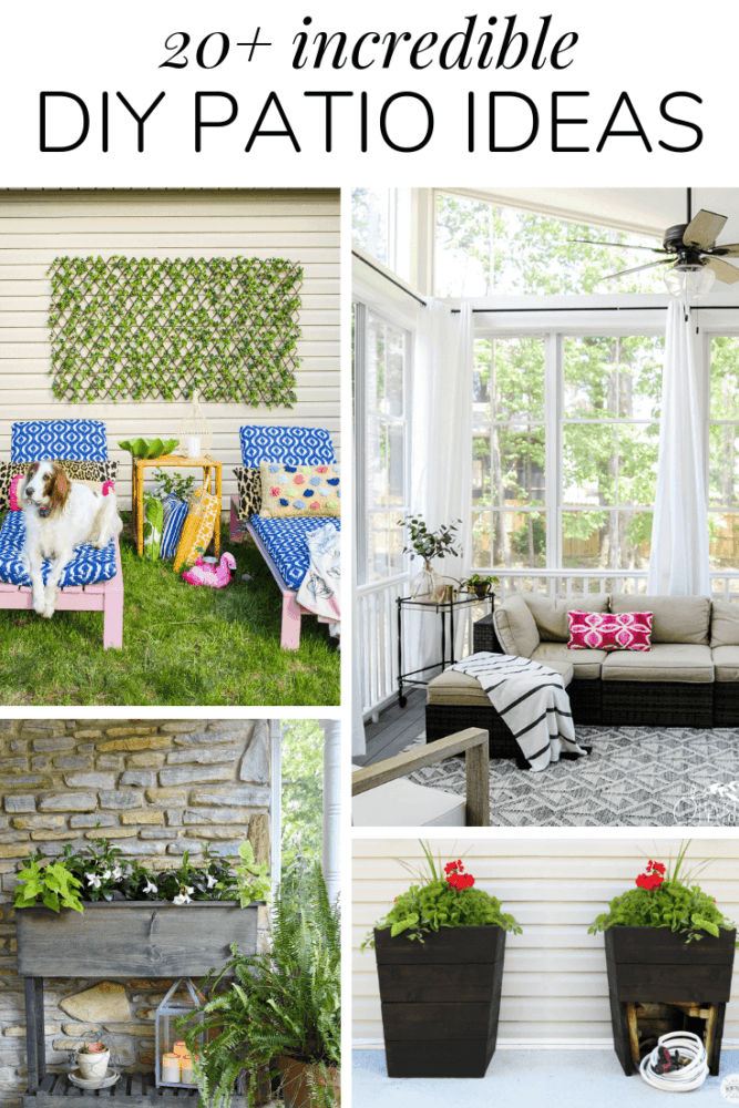 collage of back patio images with text overlay - 20+ incredible DIY patio ideas