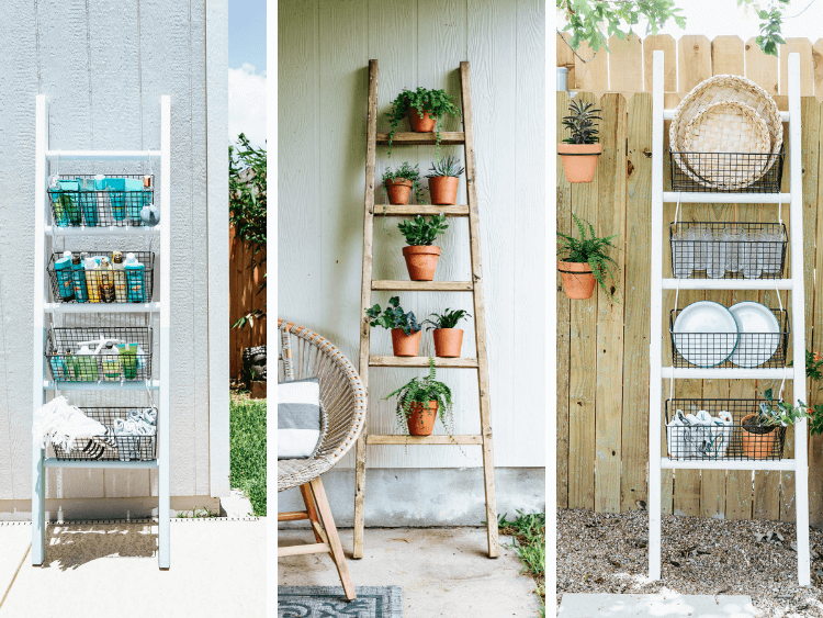 collage of three blanket ladders used outdoors