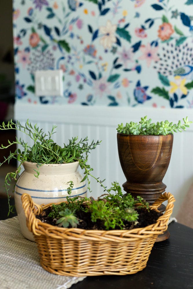 three thrift store vases and baskets that have been turned into planters
