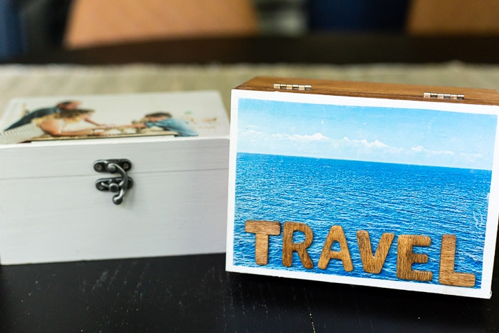 two memory boxes with images transferred onto them using photo transfer medium