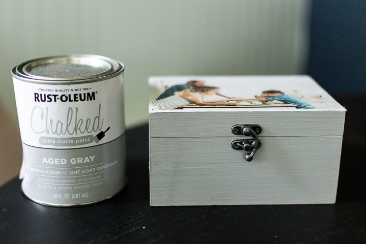 DIY recipe box sitting next to a can of Rust-Oleum chalked paint in aged gray