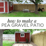 before and after of DIY pea gravel patio