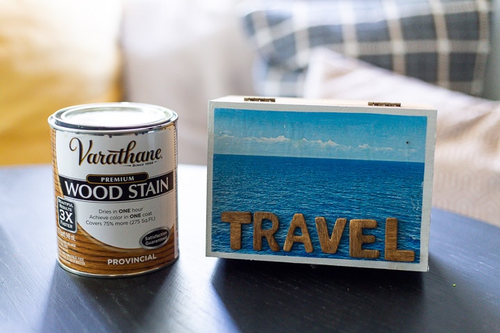 DIY travel memory box next to a can of Varathane's wood stain in Provincial
