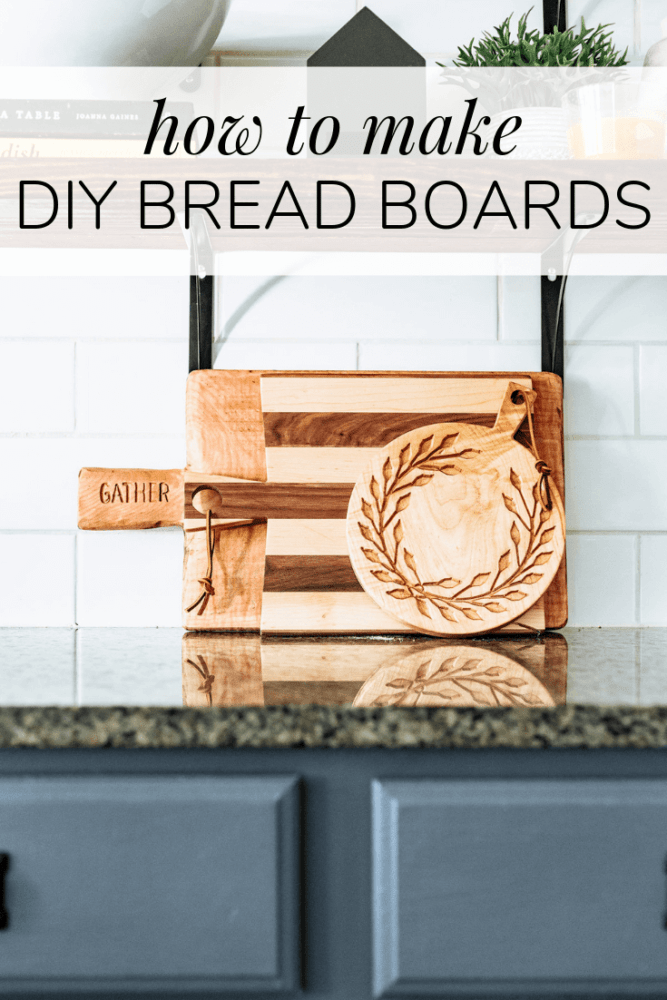 three wooden bread and cheese boards with text overlay - "how to make diy bread boards"