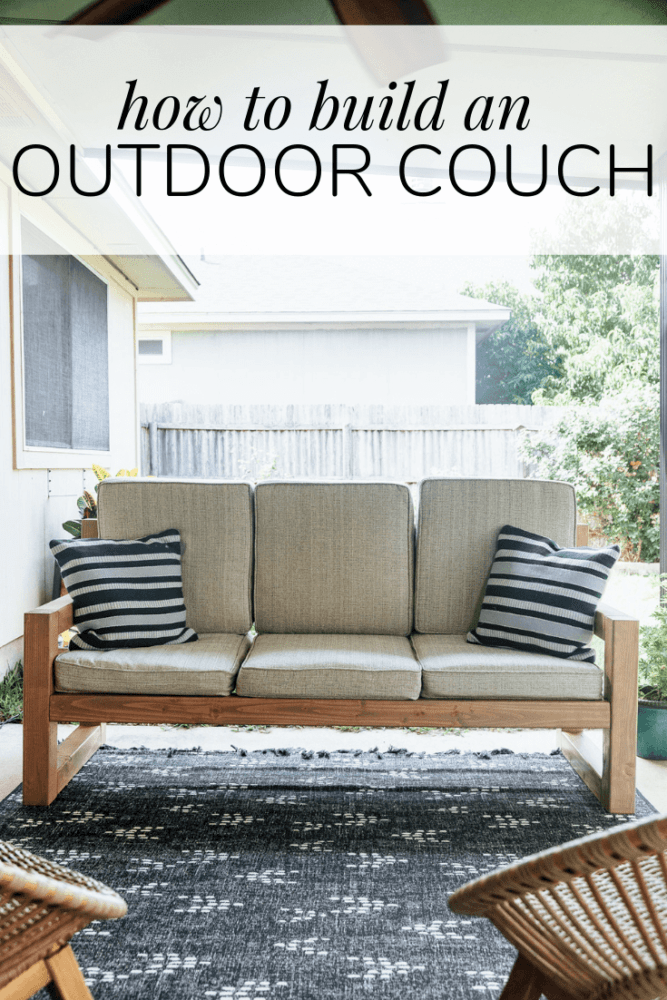 outdoor sofa on a back porch with text overlay - "how to build an outdoor couch" 