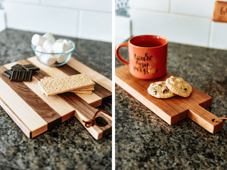 two small DIY bread boards styled with treats and snacks