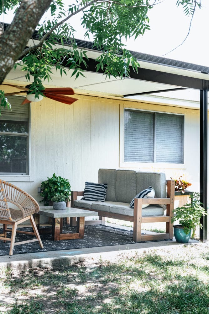 back porch with DIY concrete coffee table