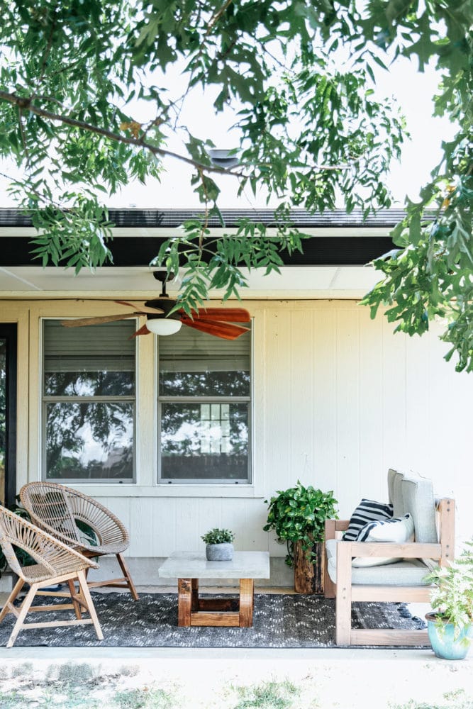 back porch with DIY concrete coffee table