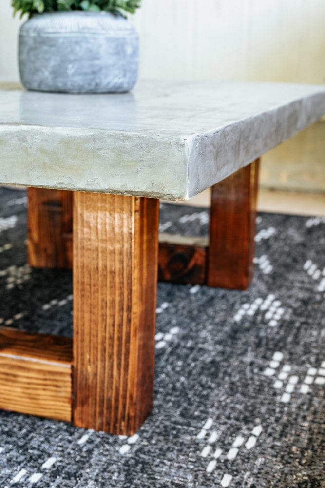 close up of DIY feather finish outdoor coffee table