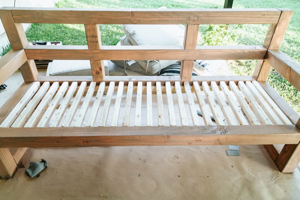 detail of slatted seats for outdoor couch
