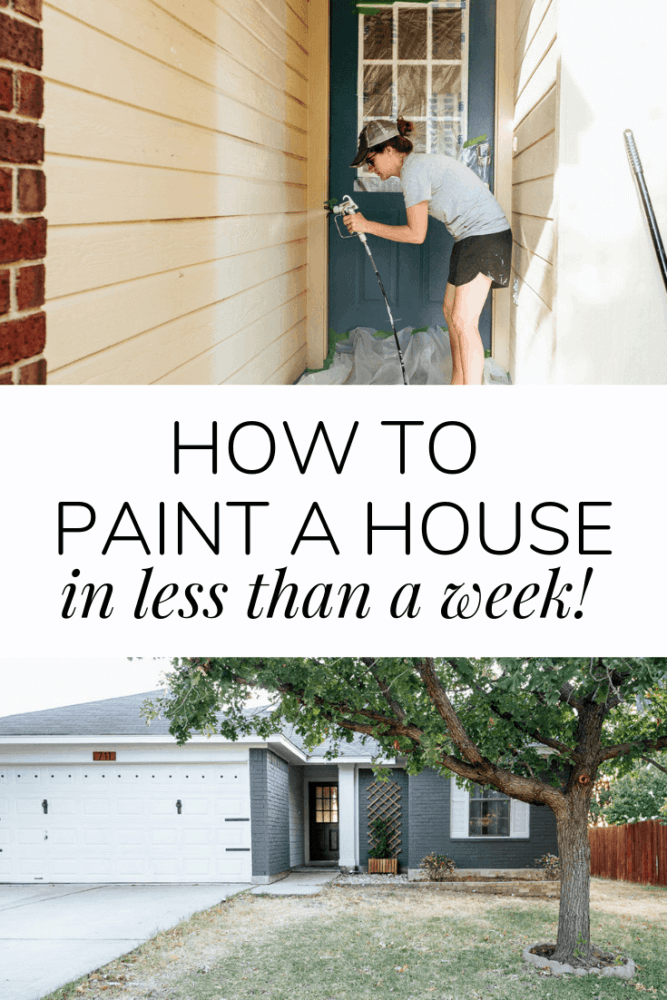 collage of two images - a woman painting siding and a freshly painted blue brick house. Text overlay states "how to paint a house in less than a week"