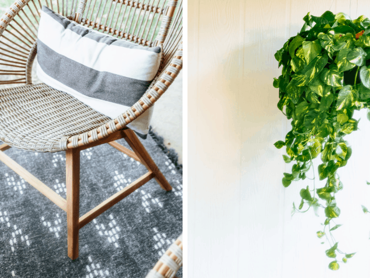 collage of two images - one lounge chair and a hanging pothos plant