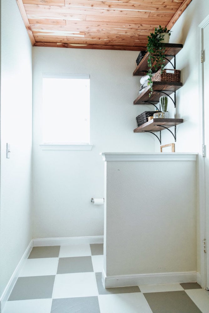 bathroom with cedar planked ceiling