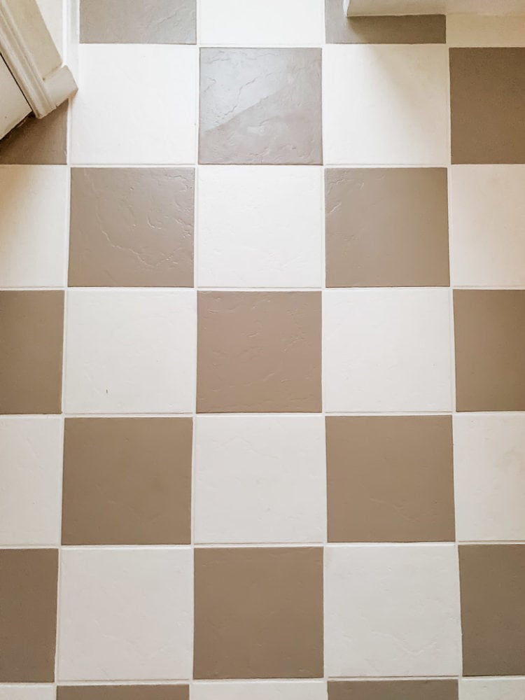 overhead view of DIY painted tile floor