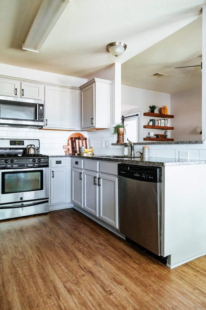 kitchen with greige cabinets painted with Rustoleum Cabinet Transformations kit