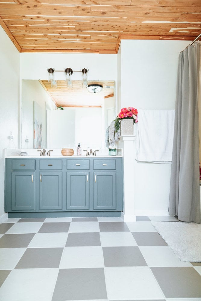 master vanity area with cedar planked ceiling