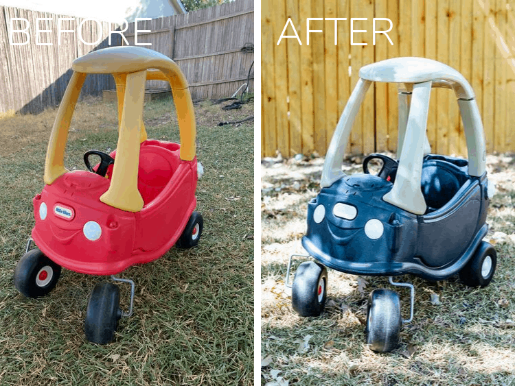 before and after of cozy coupe makeover